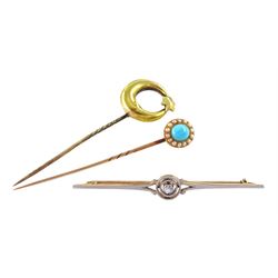 Early 20th century gold turquoise and pearl stick pin, gold crescent moon pin and a gold diamond brooch