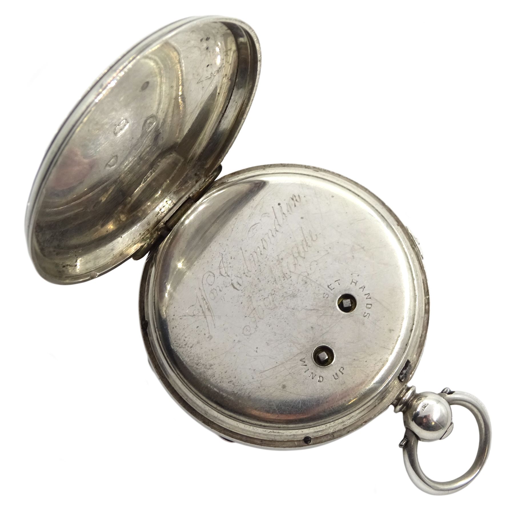 Victorian silver open face key wound English lever chronograph pocket watch No. 21227, cream enamel dial with Roman hours and outer Arabic minute ring, case by Edward Hickman, London 1876