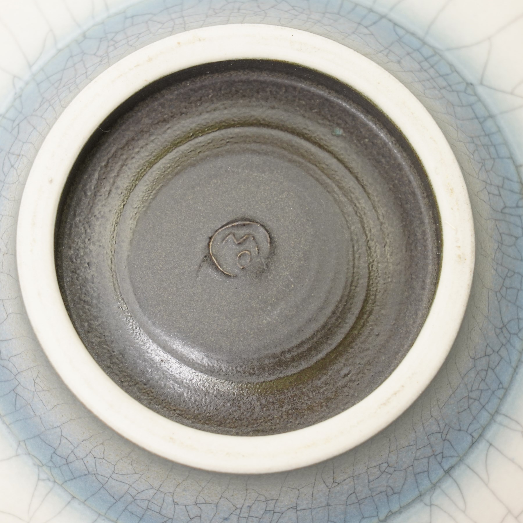 David James White (British 1934-2011): crackle studio pottery footed bowl in peach and grey, impressed marks to base, D29cm 
