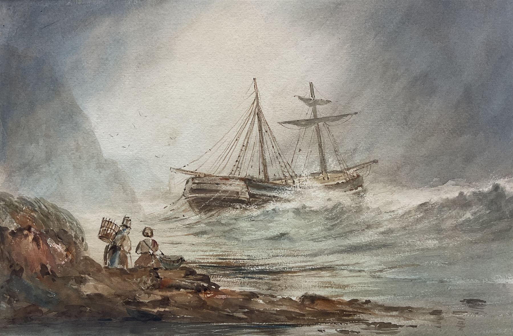 Henry Barlow Carter (British 1804-1868): Shipwreck at Cornelian Bay with Scarborough Lighthouse in the distance, watercolour with scratching out unsigned 21cm x 32cm