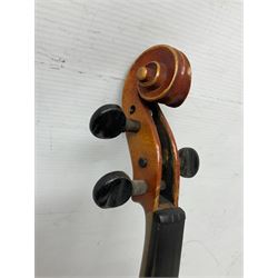 Czechoslovakian violin c1920 with 36cm two-piece maple back and ribs and spruce top, bears label 'Copy of Antonius Stradivarius Made in Czechoslovakia' L59cm; in carrying case; 1950s Czechoslovakian violin; and 195os Czechoslovakian three-quarter size violin; both cased (3)