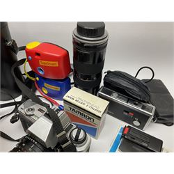 Vintage and later cameras and accessories including Minolta X-300 in carry bag, Tamron lens etc