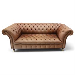 Distinctive Chesterfield - full buttoned tan brown leather sofa, deep buttoned back, seat ...