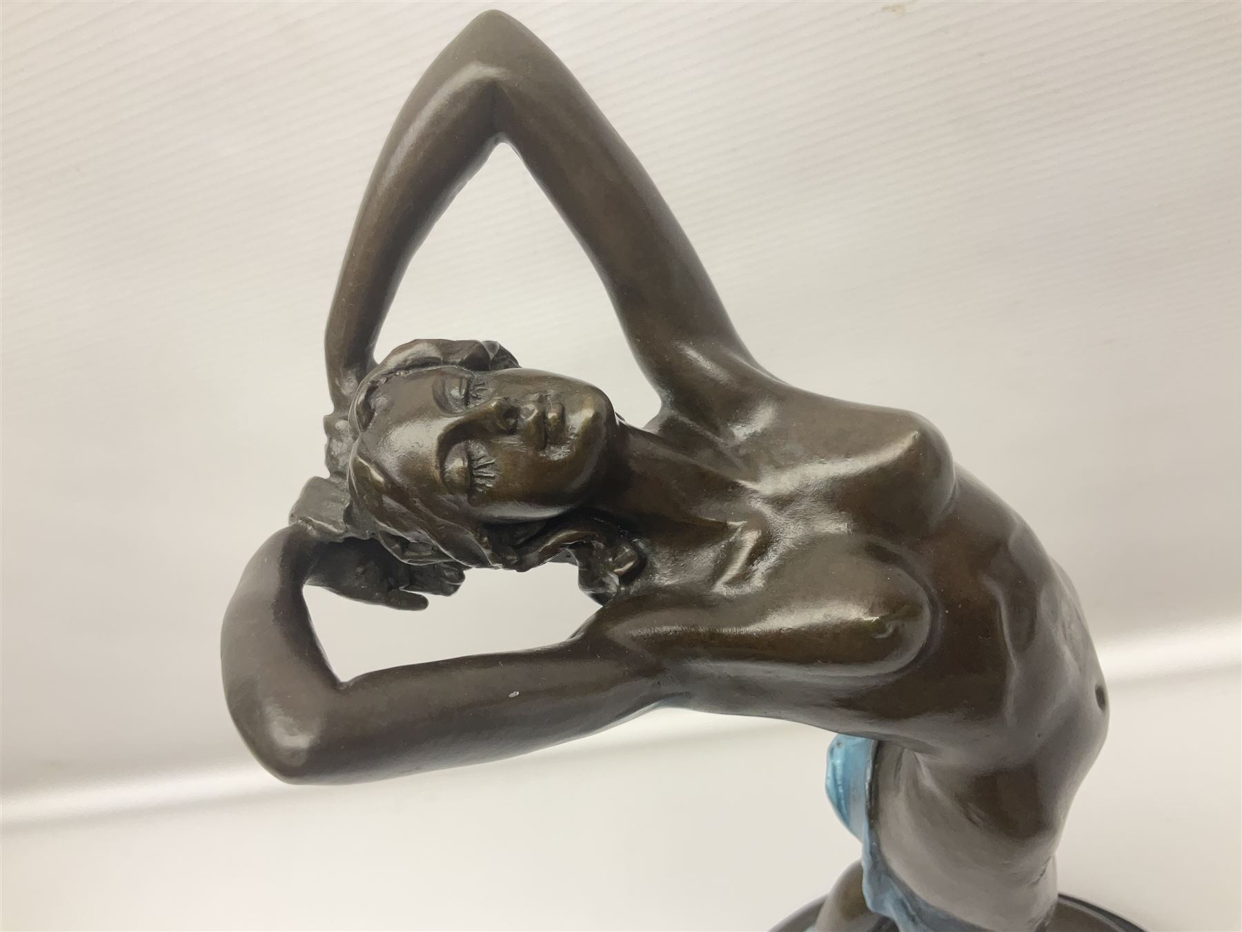 After Joseph Michel Ange Pollet, bronze nude figure of a woman, upon an oval marble base, H46cm