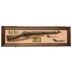 WW2 Lee Enfield No.4 Mk.1 .303 bolt-action rifle with hinged butt compartment, made by SA Ltd., Long Branch, Canada 1942, serial no.5L0646 L113cm; mounted on a framed display board with No.4 Mk.II spike bayonet, No.9 Mk.1 blade bayonet, two inert 5-round clips and brass biographical plaque by Antler Military Originals detailing DA Cert No.C3444 OLD STYLE DEACTIVATION SO FIREARMS CERTIFICATE REQUIRED OR RFD