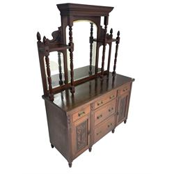 Edwardian walnut mirror back sideboard, triple arched and bevelled mirror back with turned supports, fitted with five drawers and two cupboards