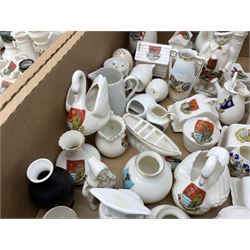 Collection of crested ware, to include Scarborough Willow Art coal truck, Whitby Willow Art Burns and Highland Mary figure group, Carlton China beer drinker 'Tak Hod an Sup Lad', and 'Here's ta me an'ma wife's usban', lighthouse, boat, Kingsway Art China Sir Walter Scott's Chair, butter dishes, candlestick, pianos etc