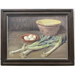 Neil Tyler (British 1945-): Still Life 'Leeks and Eggs', oil on canvas signed and dated '03, 46cm x 64cm
Provenance: exh. Chelsea Art Society, label verso
