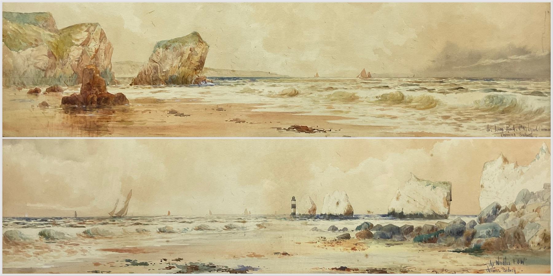 Thomas Sidney (British 19th Century): 'The Needles I.O.W.' and 'The Lion Rock near The Lizard - Cornwall', near pair watercolours signed, titled on mount 25cm x 70cm (2)
