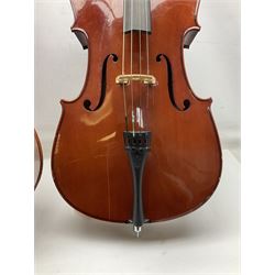Modern Hungarian half-size cello with 69cm two-piece maple back and ribs and spruce top L114cm overall; and Stentor half size cello bearing label 'The Stentor Student II'; each in soft carrying case (2)