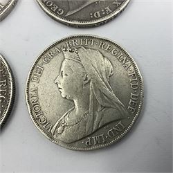King George IIII 1820 silver crown coin, three Queen Victoria silver crowns dated 1889, 1893 and 1899