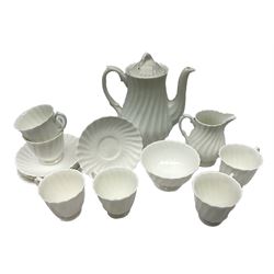 Royal Doulton china coffee service for six persons, white spirally fluted, comprising coffee pot, cream jug, sugar bowl and six cups and saucers