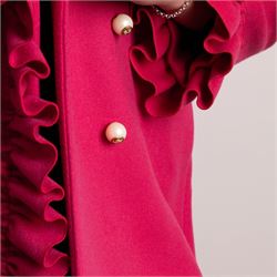 Gucci - wool ruffle-front single-breasted coat in bright fuchsia pink, with high ruffled collar, cascading ruffle trim to the front, collar and cuffs, faux pearl and gilt GG monogram logo button fastening, size 44, unused with the original garment bag and hanger