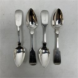 Set of four Fiddle pattern teaspoons, marked, probably 19th century Indian Colonial, L15.5cm, approximate weight 2.60 ozt (80.8 grams)
