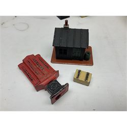 Hornby Dublo - two stations, signal box, 3-piece platform, footbridge, girder bridge etc; and other die-cast trackside and station accessories; all unboxed