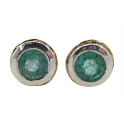 Pair of silver and 14ct gold emerald circular stud earrings, stamped 925