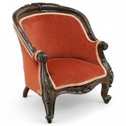 20th-century Victorian-style upholstered and carved miniature mahogany tub chair, barrel f...