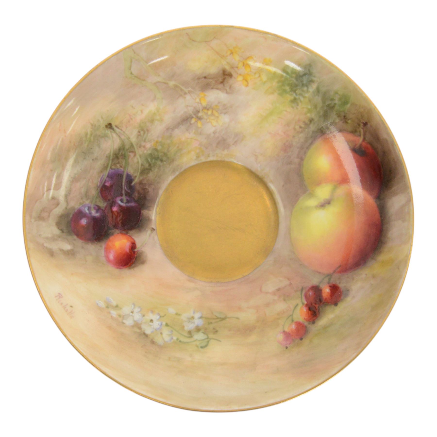 Royal Worcester fruit painted cabinet teacup and saucer, interior hand painted with apples, blackberry and cherries upon a mossy ground, the cup exterior and centre of saucer gilded, cup and saucer signed Rickells, each with puce coloured printed marks beneath, H7cm