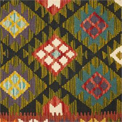 Afghan Maimana flatweave kilim runner, central field features large bold nested diamond motifs and stylized geometric lozenge patterns on olive purple, blue, and green tone ground, border stripe in green ground, and fringe