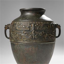 Chinese bronze archaistic 'Hu' vase, with character signature to base, H27cm 