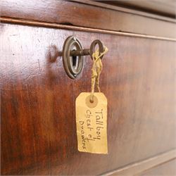 George III mahogany chest on chest, moulded cornice over two short over two long drawers with figured mahogany veneers, lower section fitted with three further long drawers, oval brass plate handles and escutcheons, on shaped bracket feet