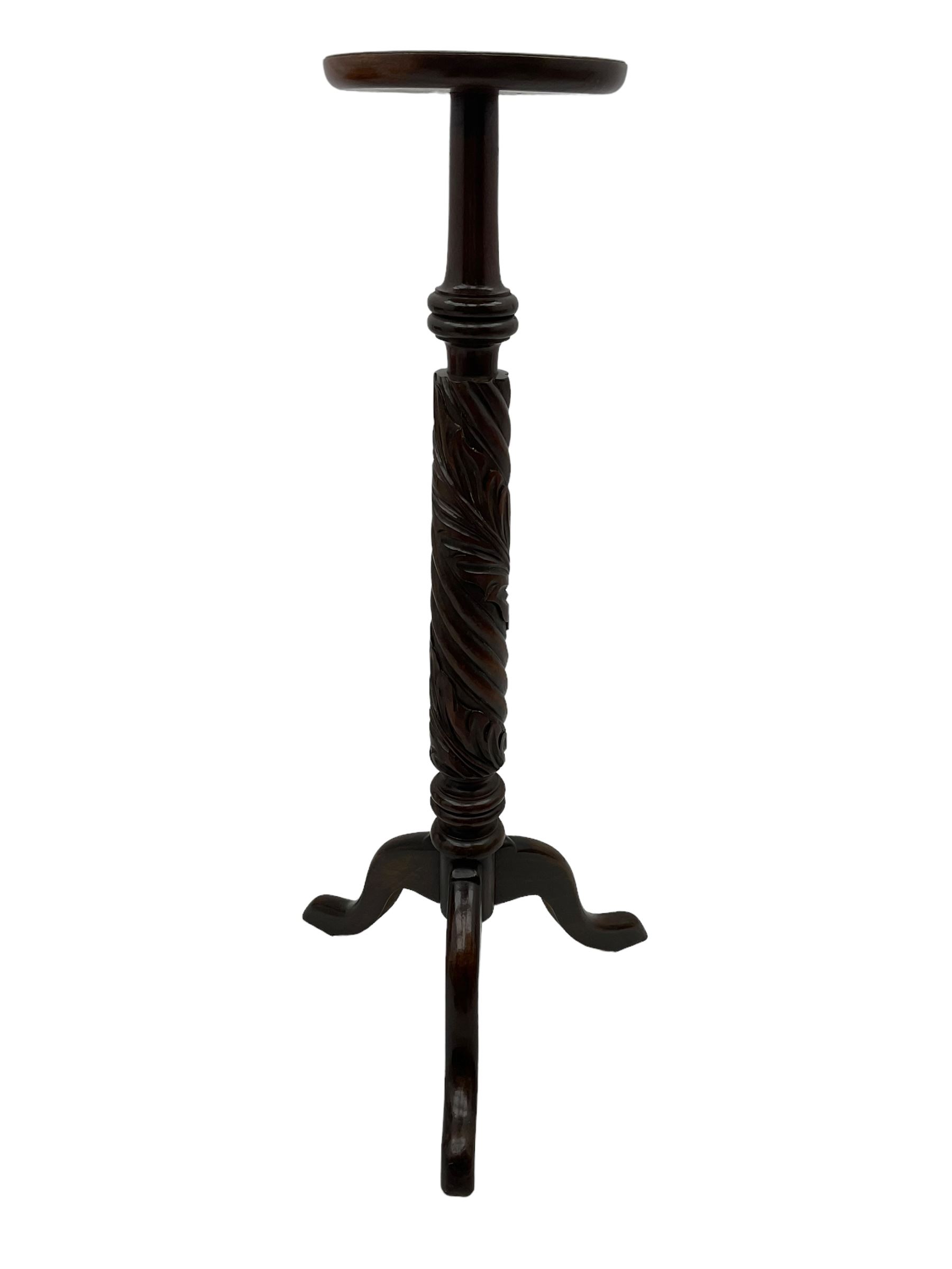 Mahogany rope twist jardiniere stand (H98cm); George III mahogany fold-over tea table (H75cm); occasional table with sectioned drawer (H72cm, W49cm, D37cm); upholstered stool (4)