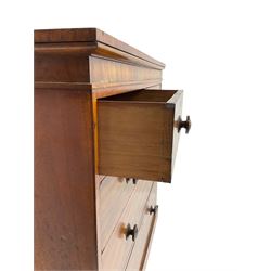19th century mahogany straight-front chest, banded frieze over two short and three long drawers, each with turned handles, on plinth base