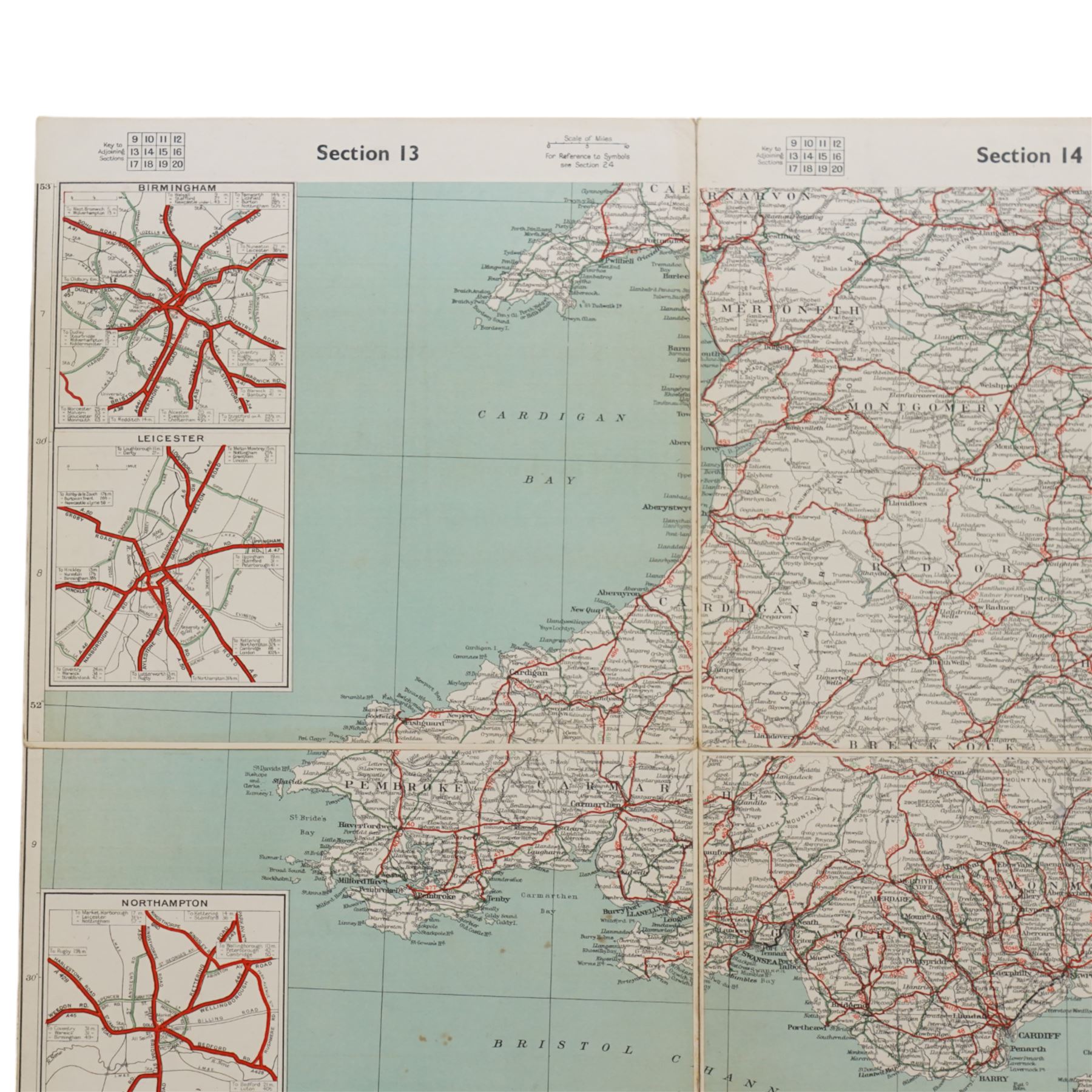 William G Nutland (British Military 20th century): Nuclear War Town Exit Plan Map: Civil Defence and Government Continuity in the Event of a Nuclear Attack on the UK, mid-20th century printed twenty-four sectional map with hand-colouring based upon the OS maps with sanction of the Controller of H.M. Stationery Office, circa 1950s or 1960s as part of a contingency during the Cold War 72cm x 100cm (unframed)