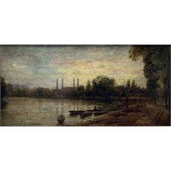 Walter G Reynolds (British exh.1880-1885): 'The Thames at Hammersmith', oil on board, titled with artist's address verso 13cm x 25cm