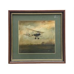 T. Page (early 20th century) - RFC bi-plane in flight over an airfield, bears labels verso 'BE2.B. Dennes Lane R.F.C. Lydd Flying School Oct.1916' and 'Lt. Gerrard R.F.C Lydd 1917 Evening Anti Zeppelin Training Flt. B. Dennes Lane Circum & Bumps', signed watercolour 20.5 x 22.5cm, later mahogany stained frame