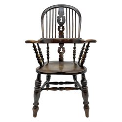 19th century oak 'Yorkshire/Lancashire' Windsor armchair, hoop spindle back with a pierced and fret work splat, curved arms on turned spindle supports, dished elm seat, turned supports with a double H stretcher base
