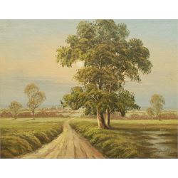 English School (20th century): Country Lane, oil on board indistinctly signed 39cm x 49cm