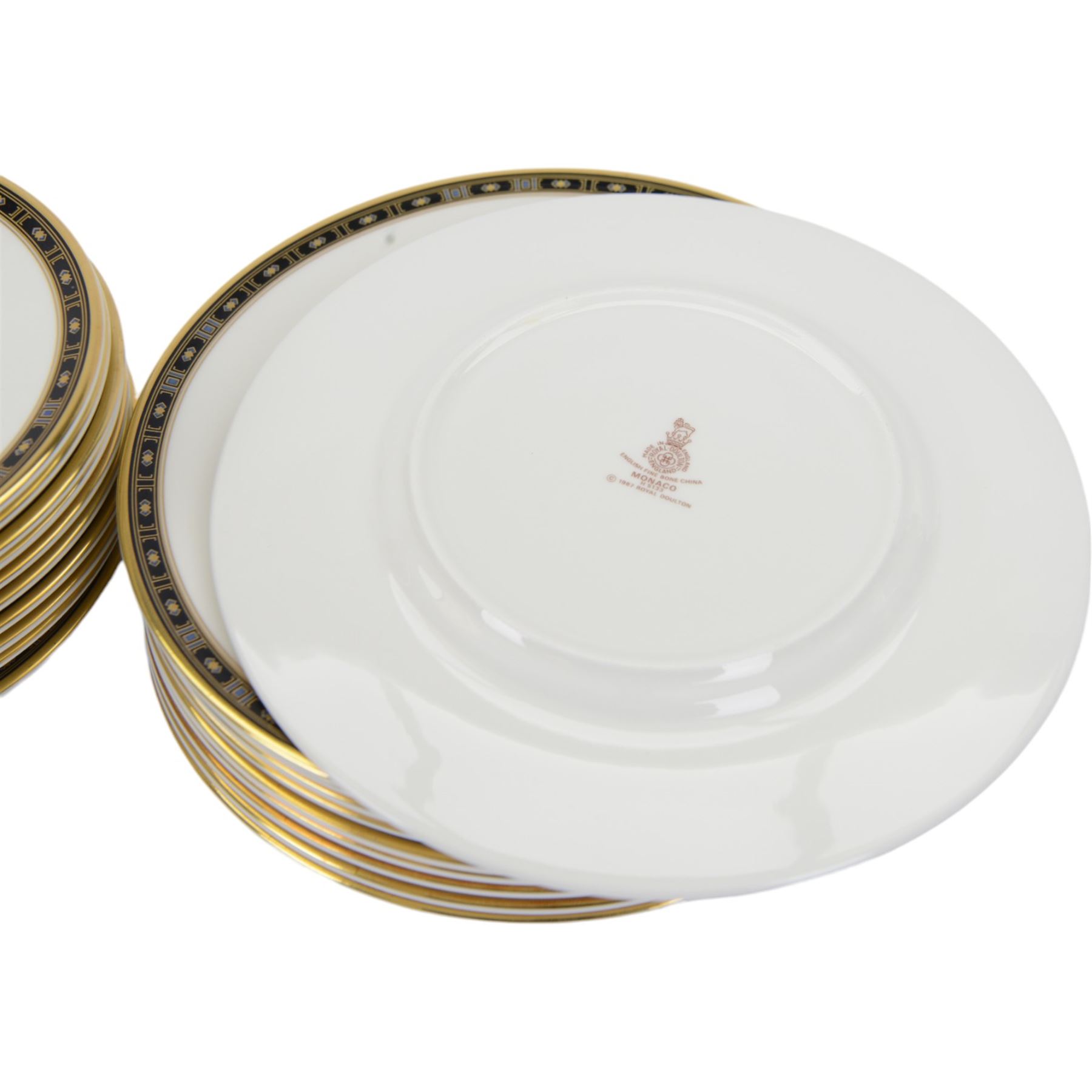 Wedgwood Ulander pattern tea and dinner service,  including teapot, covered sucrier, milk jug, cream jug, eight tea cups and saucers, twelve dinner plates, eight twin handled soup bowls and saucers, covered dish etc  