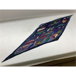 Hermès 'Les Folies Du Ciel' plisse silk scarf, designed by Loïc Dubigeon, printed with hot air balloon motifs, contained within twisted green rope border, on merging light and navy blue ground, with rolled hand stitched edges and Hermes material label, length 129cm