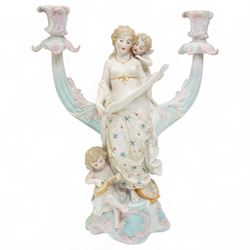 Large continental bisque group of a chariot with horse and two figures 30cm x 31cm and a pair of bisque two branch candelabra with female musicians and cherubs H32cm