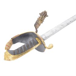 British William IV 1822 pattern Infantry General sword, retailed by John Salter cutler to Horatio Nelson and Prince Augustus Fredrick, Duke of Sussex, the 73cm curved pipe backed blade etched to both sides, with the royal monogram and the owners coat of arms and initials 'GD, brass gothic guard with original gilding, the cartouche of the crossed baton depicting the crossed baton and sword of a general, shagreen covered grip and triple wire binding, the guard complete with leather lining and gilt sword knot, in leather scabbard with three gilt brass mounts, the top mount bearing the cutlers name and address, with twin suspension rings, overall L89cm  