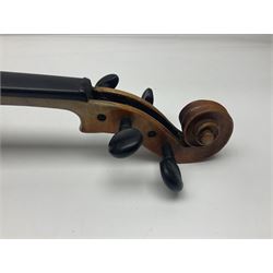German violin c1900 for re-assembly with 36cm two-piece maple back and ribs and spruce top; L59cm; in ebonised wooden 'coffin' case with two bows