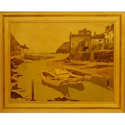  'Captain Cook's Village' - Staithes, two 20th century wood marquetries one signed and dated 1996 by Alf Ford 33cm x 40cm & 25cm x 1cm (2)  
