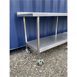Large stainless steel preparation table on wheels, single tier - THIS LOT IS TO BE COLLECTED BY APPOINTMENT FROM DUGGLEBY STORAGE, GREAT HILL, EASTFIELD, SCARBOROUGH, YO11 3TX