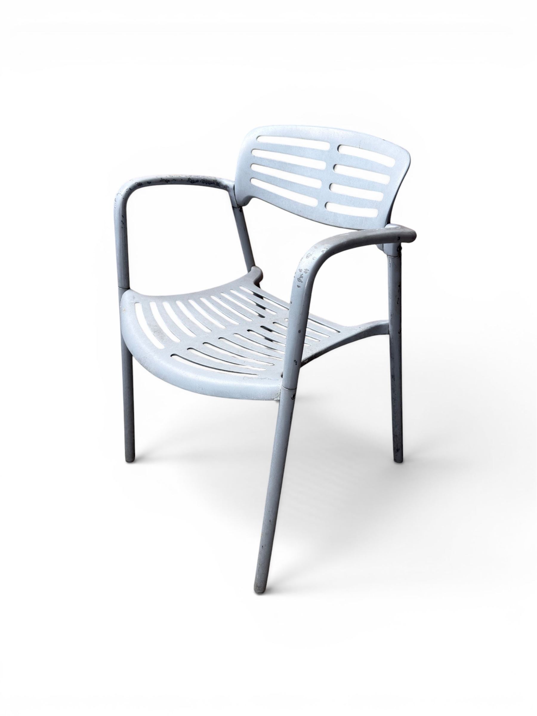 Set of eight mid-20th century painted aluminium garden armchairs, curved backs with shaped seat, stackable