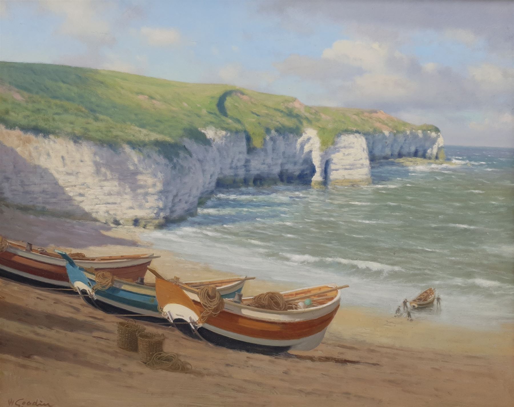 Walter Goodin (British 1907-1992): Cobles at North Landing Flamborough, oil on board signed 59cm x 74cm