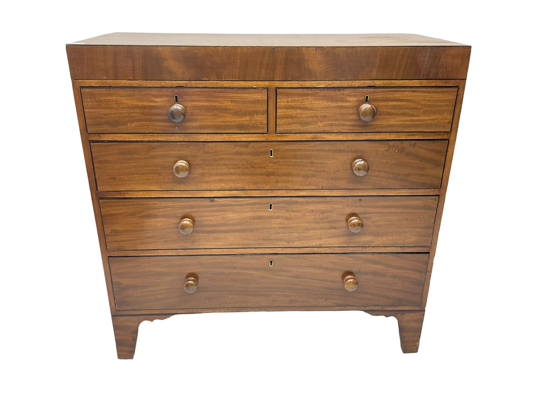 19th century straight-front chest, rectangular top with ebony strung edge, crossbanded frieze over two short and three long graduating drawers with ebony stringing, raised on bracket feet