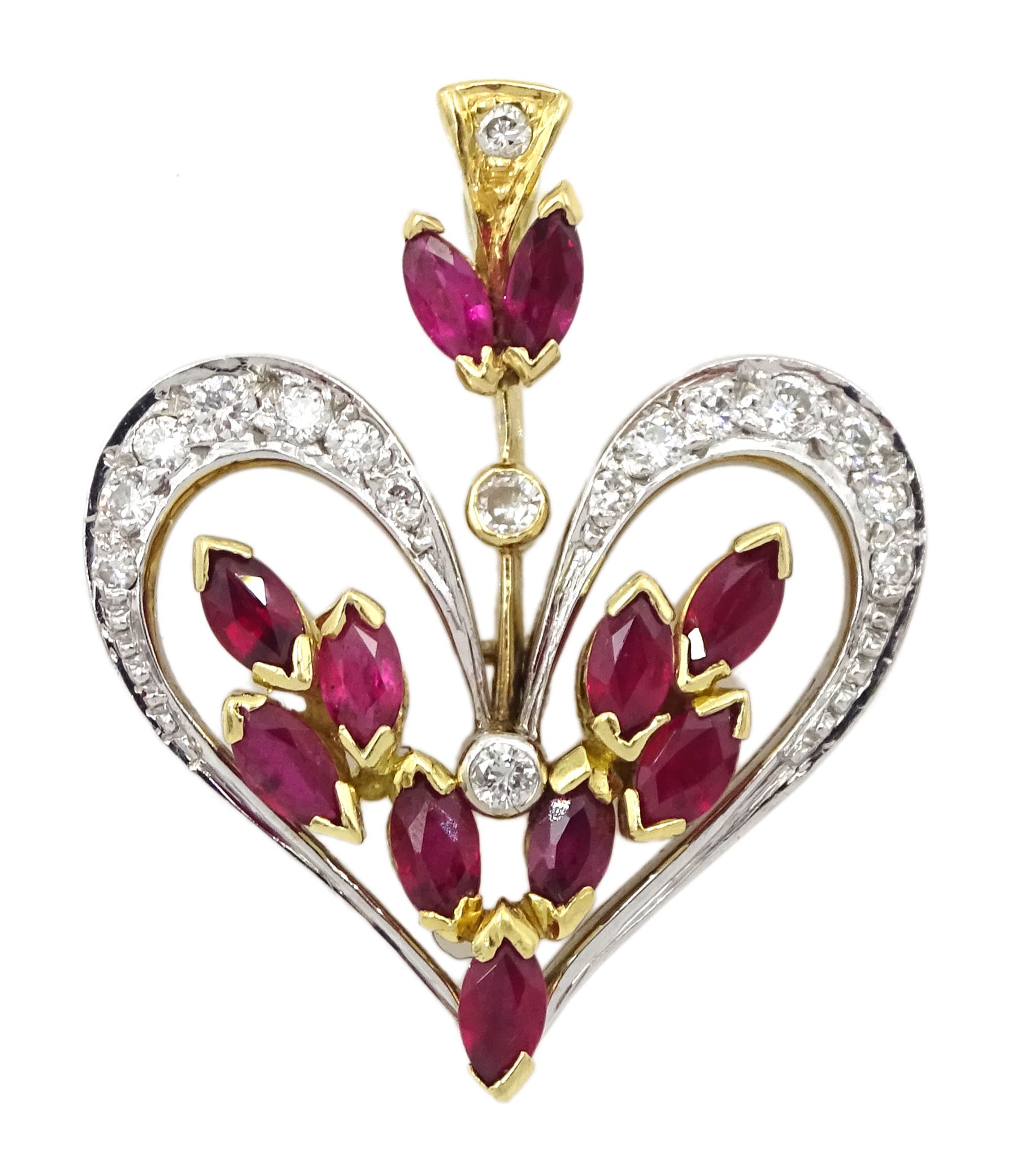 18ct white and yellow gold round brilliant cut diamond and marquise cut ruby heart shaped pendant, London 1983