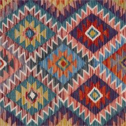 Afghan kilim multicoloured rug, the geometric field decorated with repeating lozenges of contrasting tones heightened with ivory outlines, the outer guard band with repeating hooks and Vitruvian scrolls