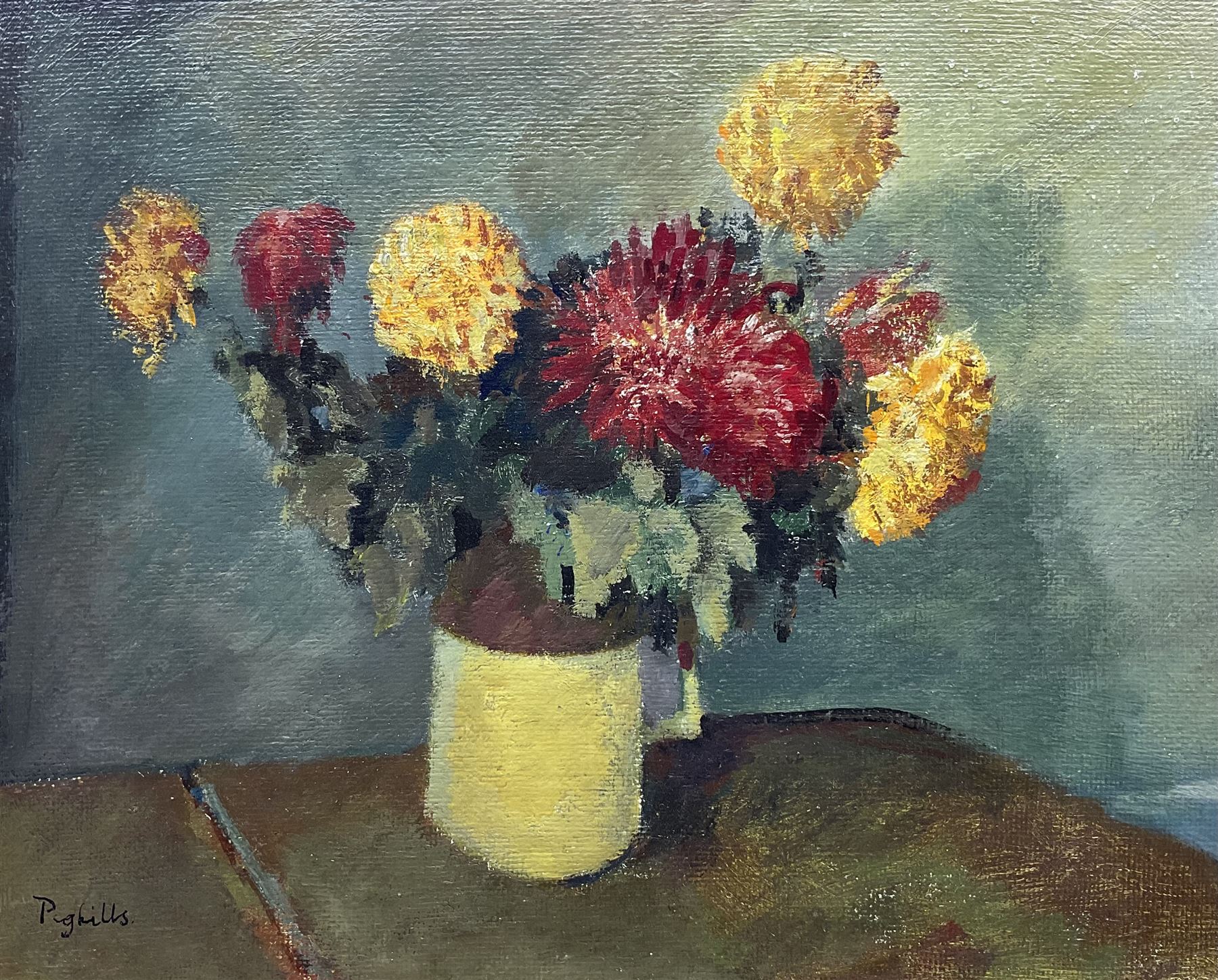 Joseph Pighills (British 1902-1984): Still Life of Dahlia Flowers in a Mug, oil on board signed 30cm x 38cm