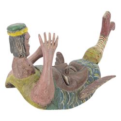 Carved folk art mask, modelled as a merman, hand painted, H50cm 