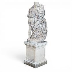 Romeo & Juliet ornate cast stone garden figure, raised on square plinth base