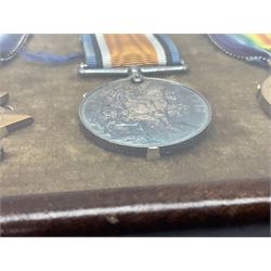 WW1 trio of medals comprising British War medal, Victory Medal and 1914-15 Star awarded to 2nd. Lieut. W. Malkin; all with ribbons and displayed in later easel frame
