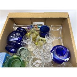 Collection of Bristol blue glass, to include a wine glass rinser with double spout, William Yeoward large wine glass, other vases, together with other glassware to include Caithness National Trust paperweights, Villeroy & Boch tealight holders, art glass vase, Stuart drinking glasses etc