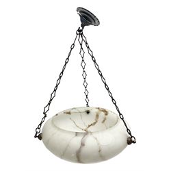 Art Deco style frosted glass marbled fly catcher light shade, suspended by three chains, D31cm